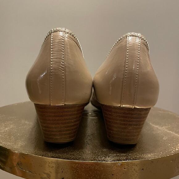 Cole Haan Open Toe Wedge Patent Leather Dress Shoes | 8.5 Nude Neutral Peep $178 - Picture 10 of 11
